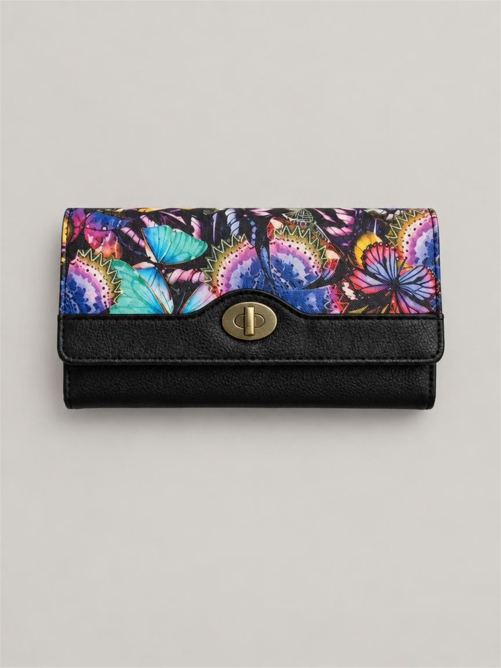 Black Floral Butterfly Turn-Lock Wallet with Colorful Print